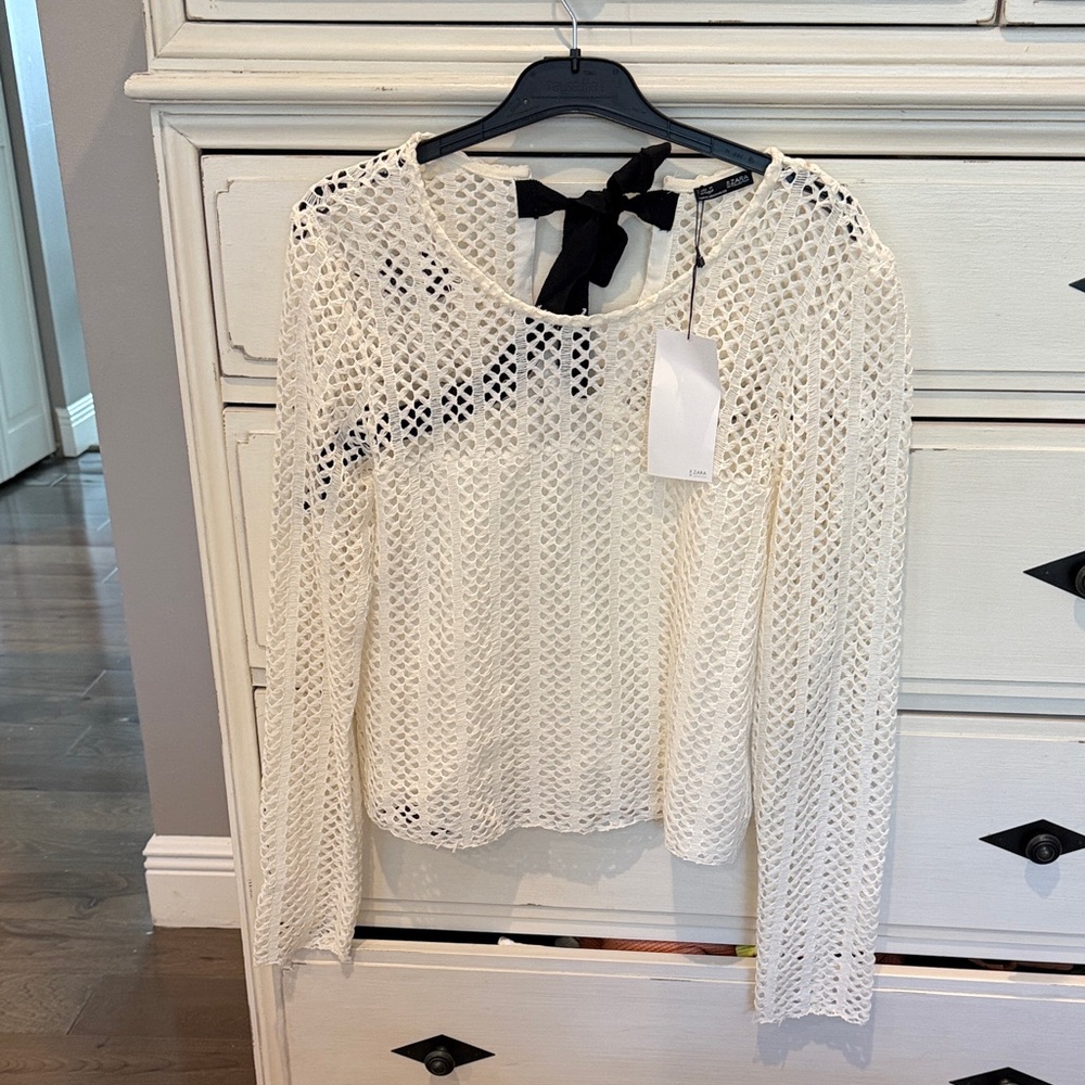 Zara Cream Open-Knit Tunic with Black Tie